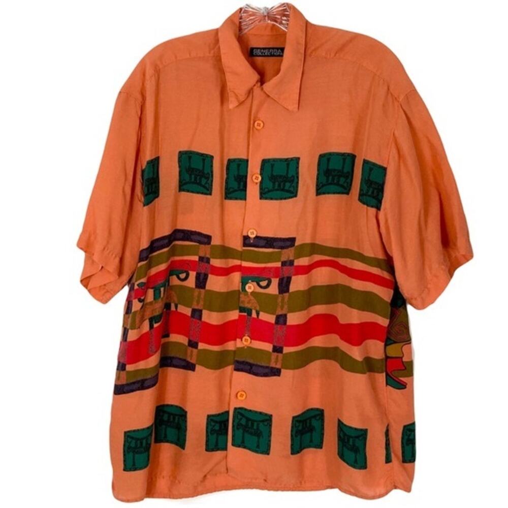NWOT GENERRA COLLECTION Shirt M Vintage Art Tribe Aztec Folk Stripe Coral Button